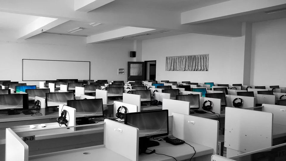 several computers in a classroom
